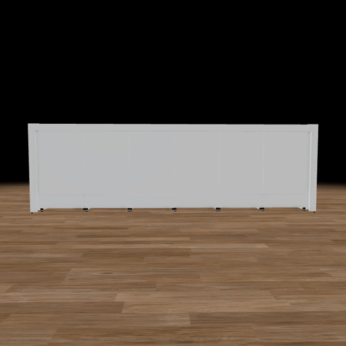 White portable room divider on a hardwood floor with caster wheels, set against a black background.