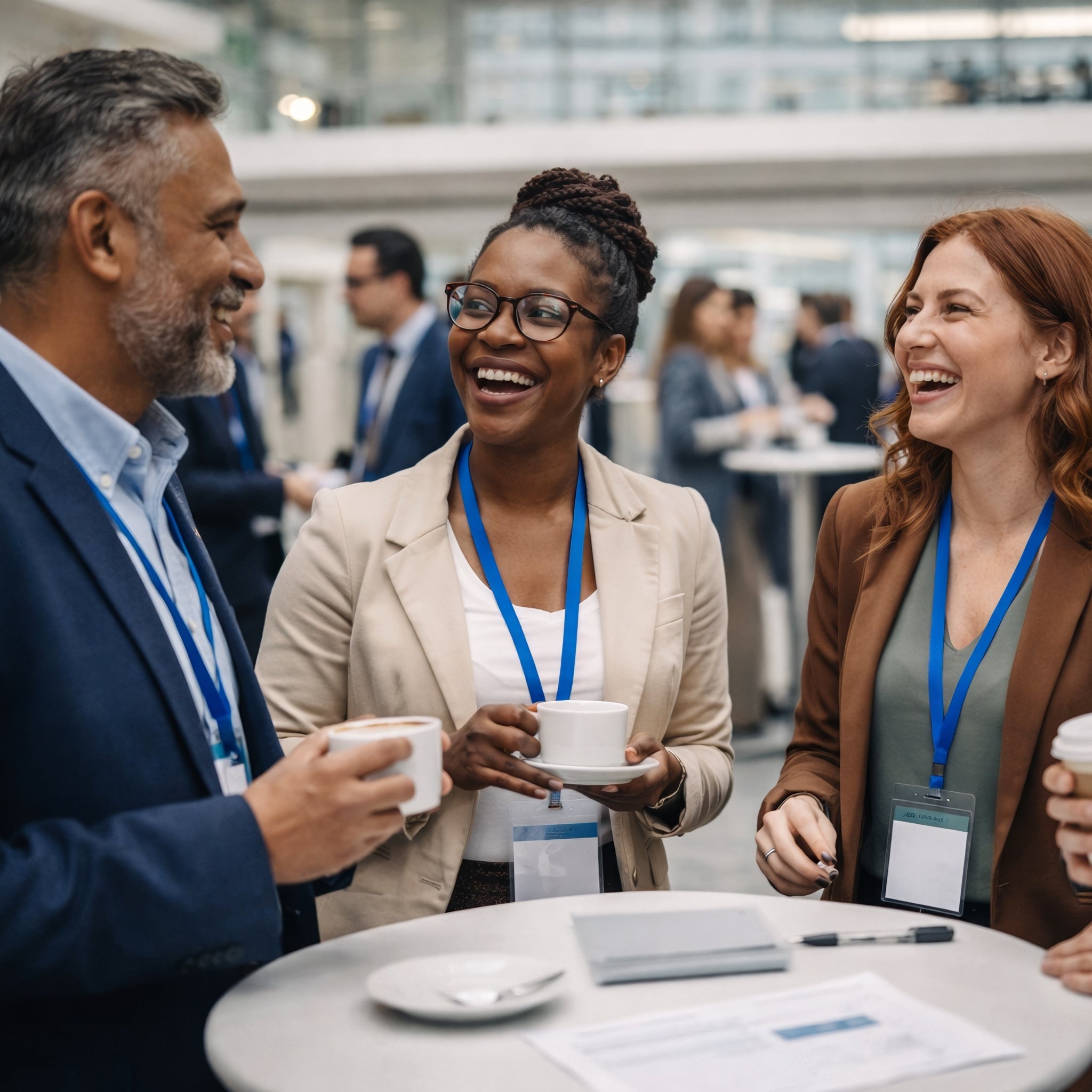 Three conference attendees laugh and chat, each holding a coffee cup, wearing blue lanyards at a tabletop.