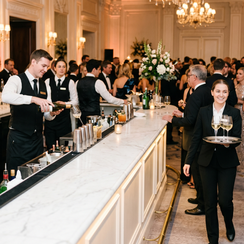 Elegant ballroom reception with bartenders serving cocktails along a marble bar as guests mingle beneath chandeliers.