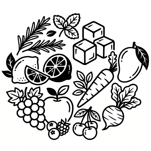 Illustration of assorted fruits and vegetables: apple, grapes, lemon slices, orange halves, carrot, beet, cherries, and sugar cubes in a circular collage.