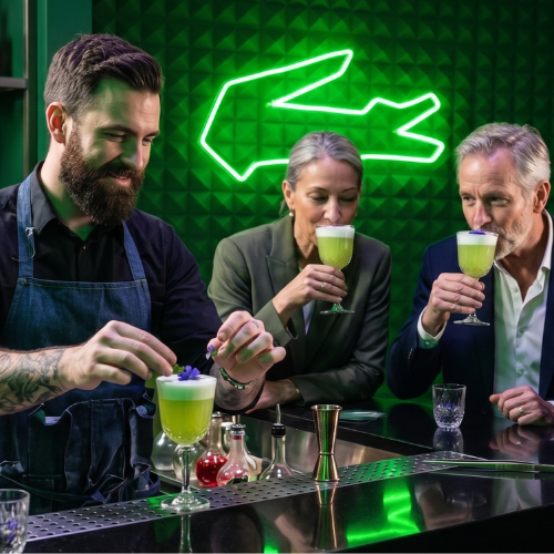 Bartender with a beard and denim apron makes lime-green cocktails for two diners at a bar, with a green neon crocodile sign in the background.