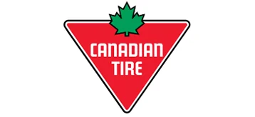 Canadian Tire logo: red triangular badge with white 'CANADIAN TIRE' text and a green maple leaf at the top.