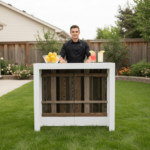Man standing behind a white outdoor bar in a backyard, with lemons and glasses of juice on top.