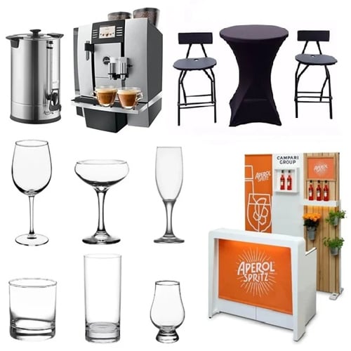 Collage of cafe equipment and glassware: espresso machine, coffee urn, high-top tables with stools, assorted glasses, and an Aperol Spritz bar display.
