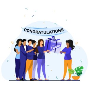A diverse group of coworkers hands over a large gift to a smiling recipient during a congratulations celebration.