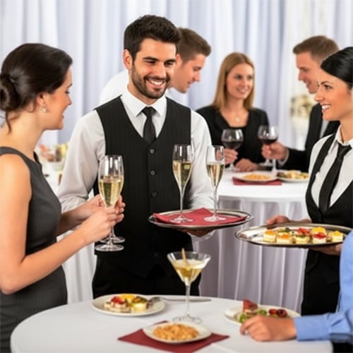 Waitstaff in formal attire serves champagne to guests at a cocktail reception.