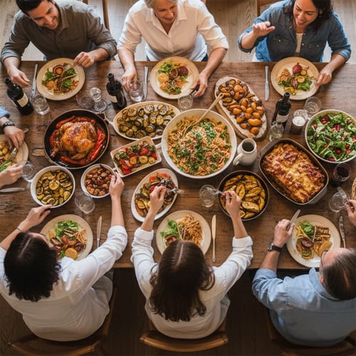 Top-down view of people around a table enjoying a communal feast with roasted chicken, pasta, salads and sides to share.