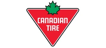 Canadian Tire logo: red triangular badge with white 'CANADIAN TIRE' text and a green maple leaf at the top.