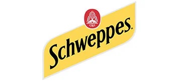 Schweppes logo on a yellow curved banner, with a small red emblem above it.